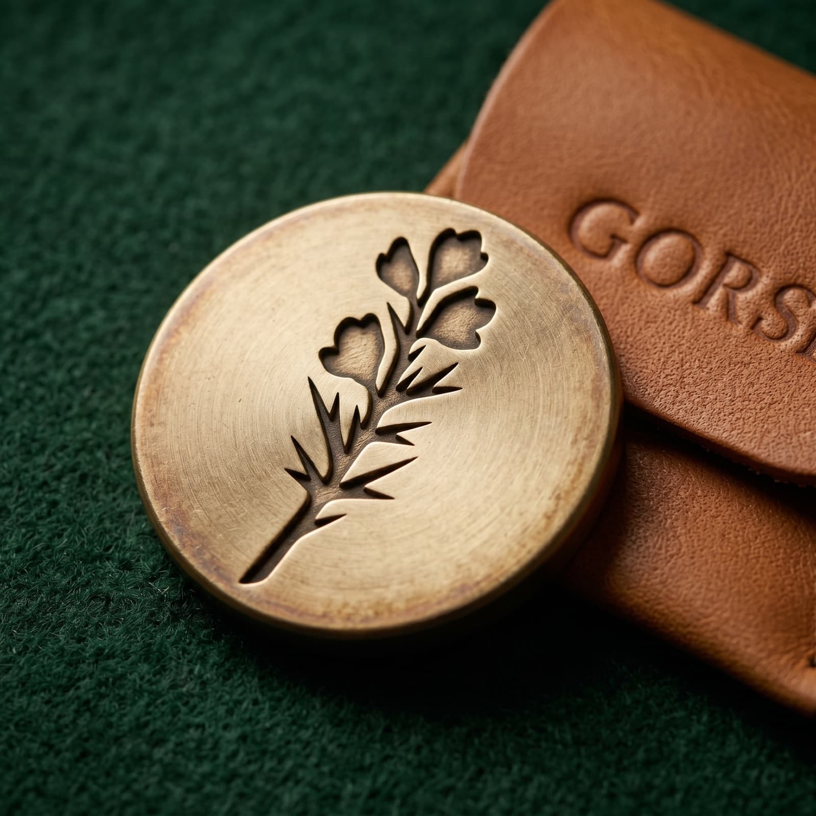 A solid raw brass ball marker struck with the gorse mark, resting on green felt beside an embossed leather sleeve.