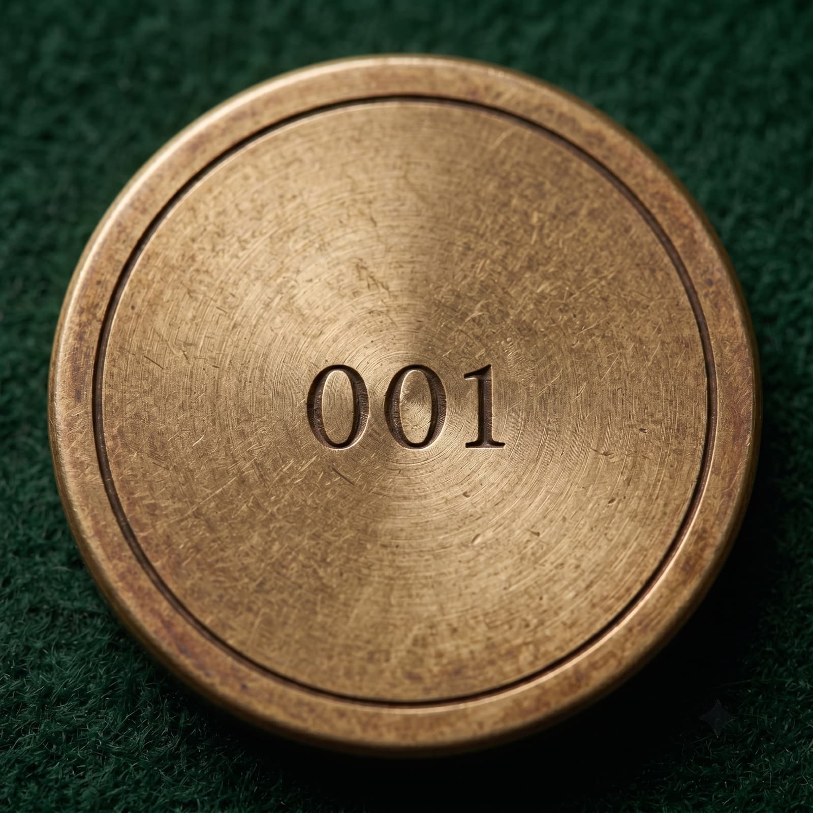 The reverse of the raw brass ball marker, engraved with a founding number inside a thin border ring.