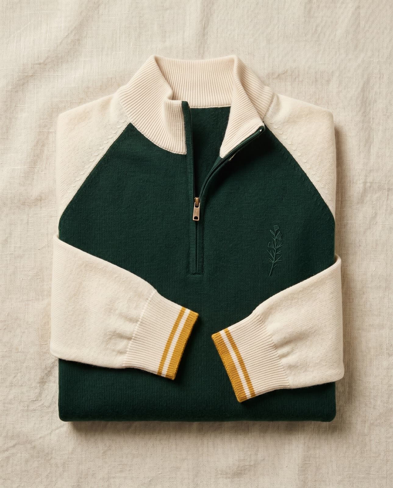 A racing-green quarter-zip with cream raglan sleeves and collar and a raw brass pull, folded on cream linen.